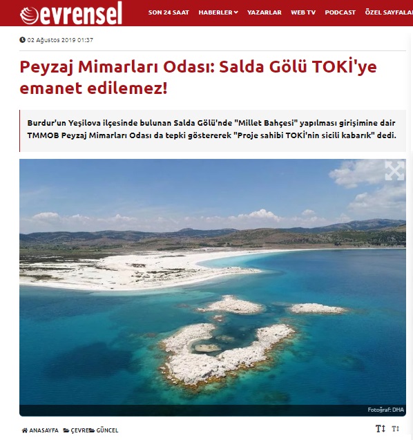PEYZAJ MİMARLARI ODASI: SALDA GÖLÜ TOKİ`YE EMANET EDİLEMEZ! 02.08.2019 / EVRENSEL
