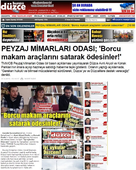 PEYZAJ MİMARLARI ODASI; `BORCU MAKAM ARAÇLARINI SATARAK ÖDESİNLER!` 27.04.2015 / BURASI DÜZCE