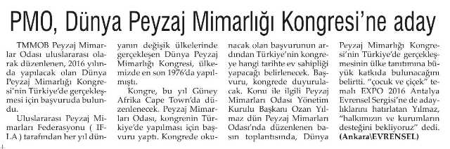 PMO, DÜNYA PEYZAJ MİMARLIĞI  KONGRESİ`NE ADAY EVRENSEL/30.08.2012