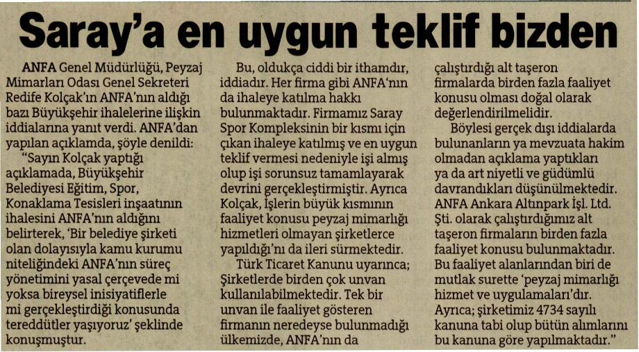 MİLLİYET ANKARA - ANFA`DAN PEYZAJ MİMARLARI ODASI`NA İHALE YANITI GELDİ. 27.08.2011