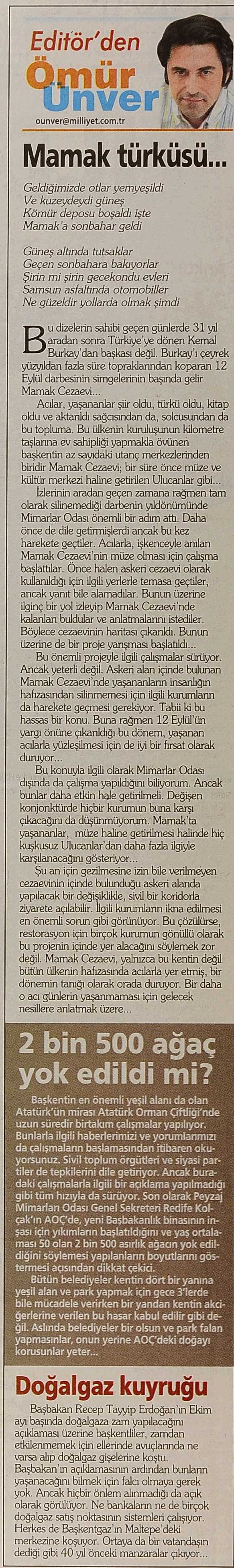 2 BİN 500 AĞAÇ YOK EDİLDİ Mİ? MİLLİYET ANKARA - 30.09.2012