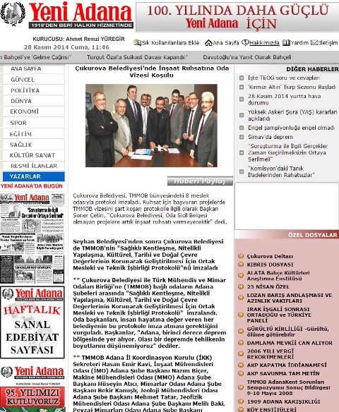 ÇUKUROVA BELEDİYESİ`NDE İNŞAAT RUHSATINA ODA VİZESİ KOŞULU 28.11.2014 / YENİ ADANA